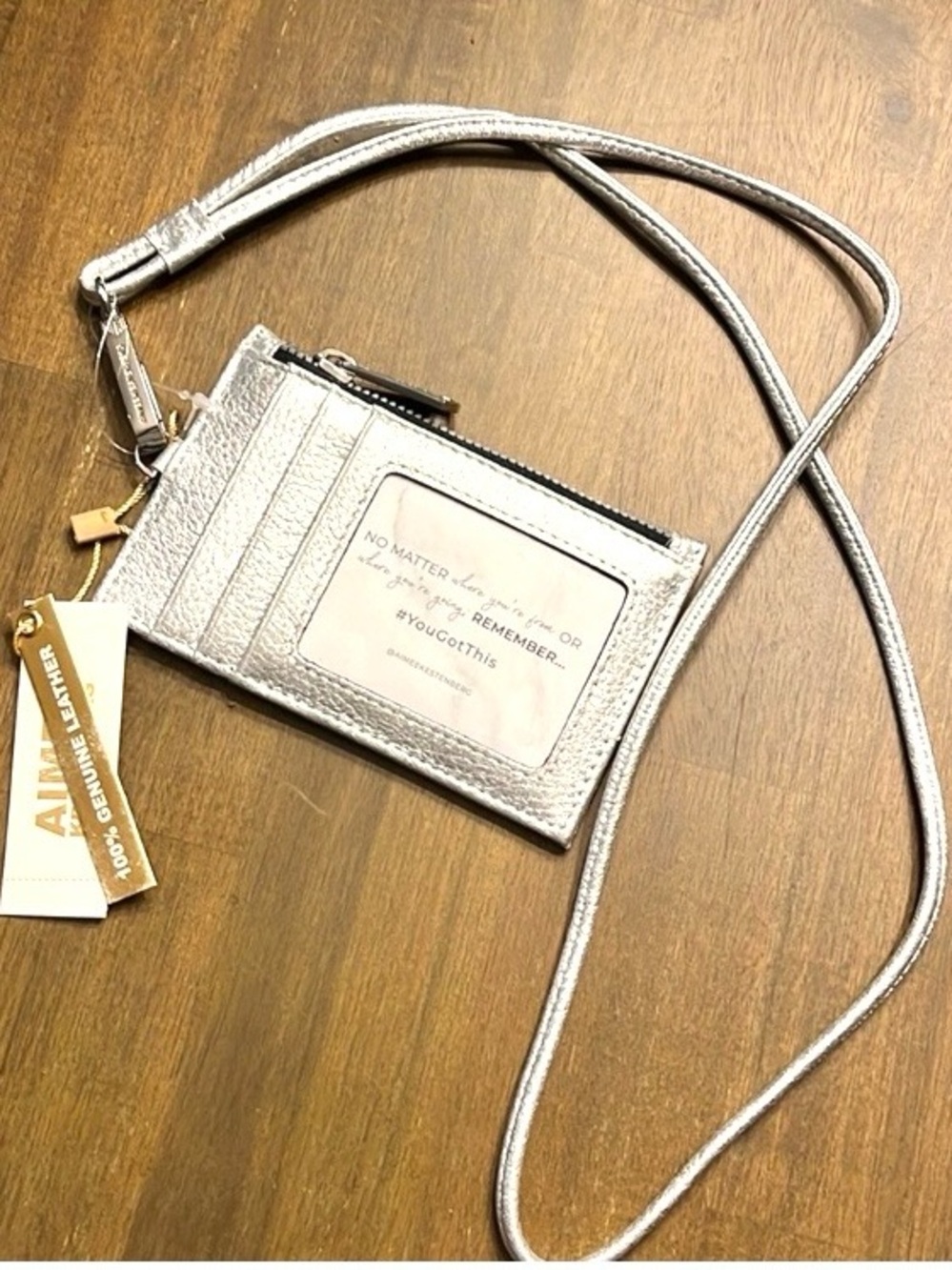 Aimee Kestenberg Lanyard Lima Leather Card Wallet Silver Metallic NWT